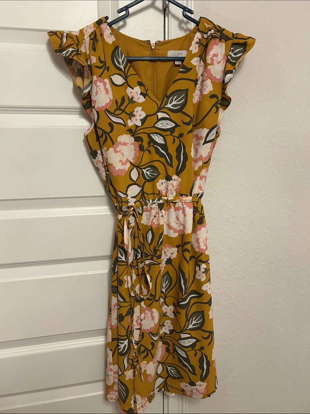 LOFT Mustard Floral V-Neck Tie-Waist Dress